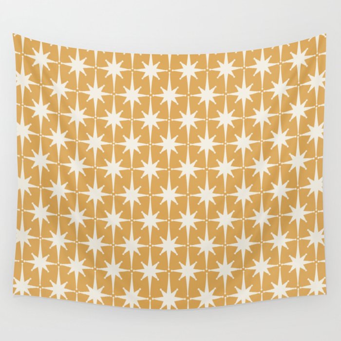 Midcentury Modern Atomic Starburst Pattern Muted Mustard Gold and Cream Wall Tapestry Gallery Image 4