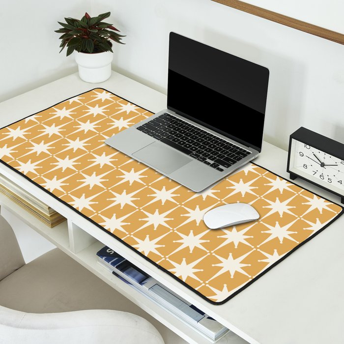 Midcentury Modern Atomic Starburst Pattern Muted Mustard Gold and Cream Desk Mat Gallery Image 2