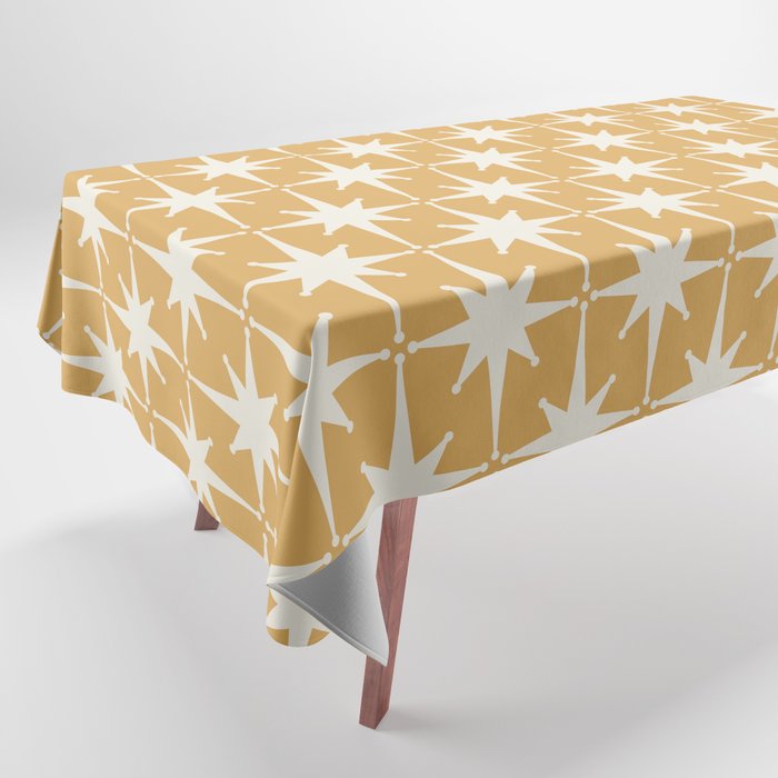 Midcentury Modern Atomic Starburst Pattern Muted Mustard Gold and Cream Tablecloth Gallery Image 1