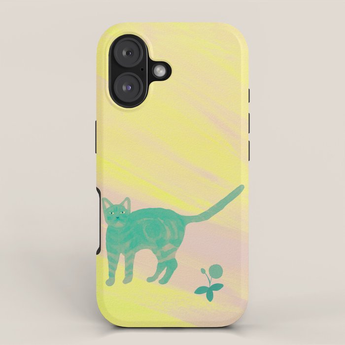 Staring Cat and Flower - Green and Pink and Yellow iPhone Case Gallery Image 1