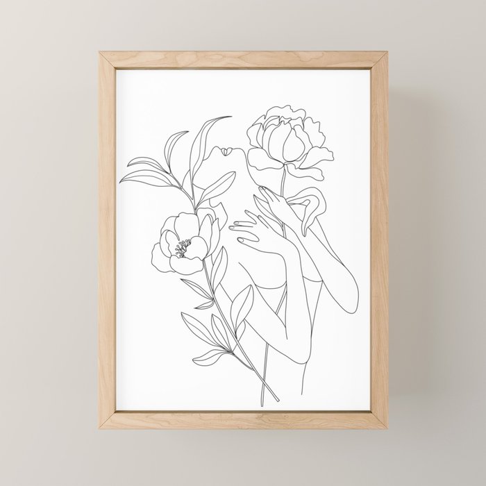 Minimal Line Art Woman with Peonies Mini Art Print Gallery Image 1