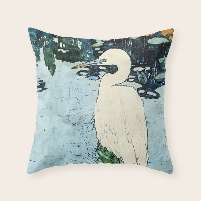 Wading Egret Watercolor Throw Pillow Gallery Image 1