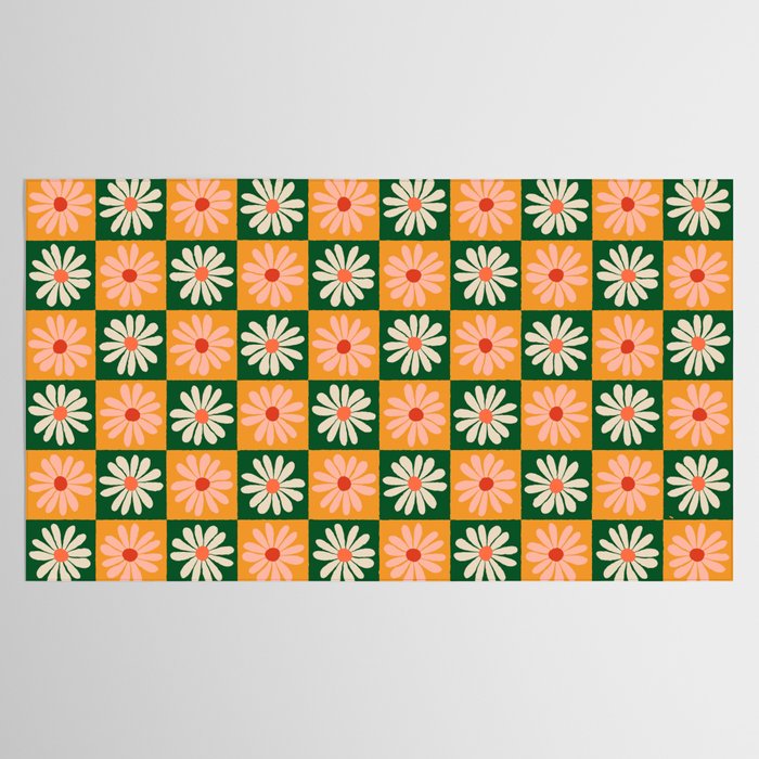 Retro Colorful Daisy Flower Checkerboard - Peach + Green Tablecloth Gallery Image 2