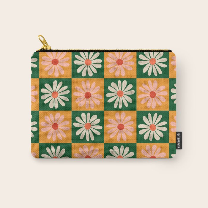 Retro Colorful Daisy Flower Checkerboard - Peach + Green Carry All Pouch Gallery Image 1