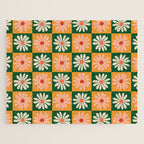 Retro Colorful Daisy Flower Checkerboard - Peach + Green Jigsaw Puzzle Gallery Image 1