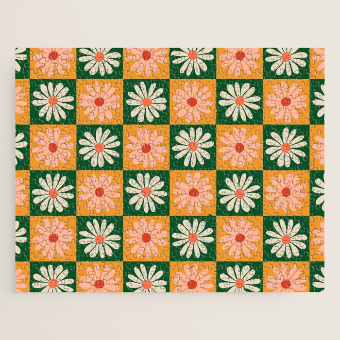 Retro Colorful Daisy Flower Checkerboard - Peach + Green Jigsaw Puzzle Gallery Image 1