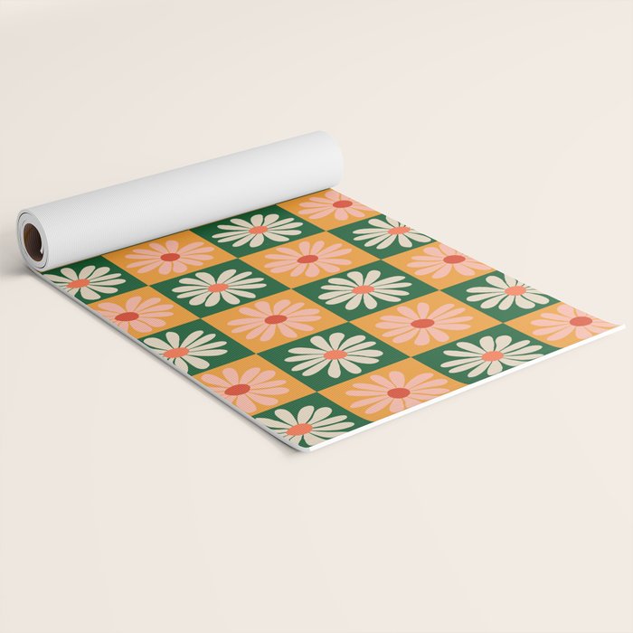 Retro Colorful Daisy Flower Checkerboard - Peach + Green Yoga Mat Gallery Image 2