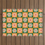 Retro Colorful Daisy Flower Checkerboard - Peach + Green Outdoor Rug Gallery Image 1