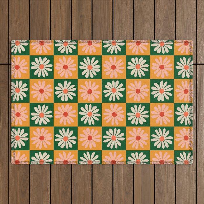 Retro Colorful Daisy Flower Checkerboard - Peach + Green Outdoor Rug Gallery Image 1