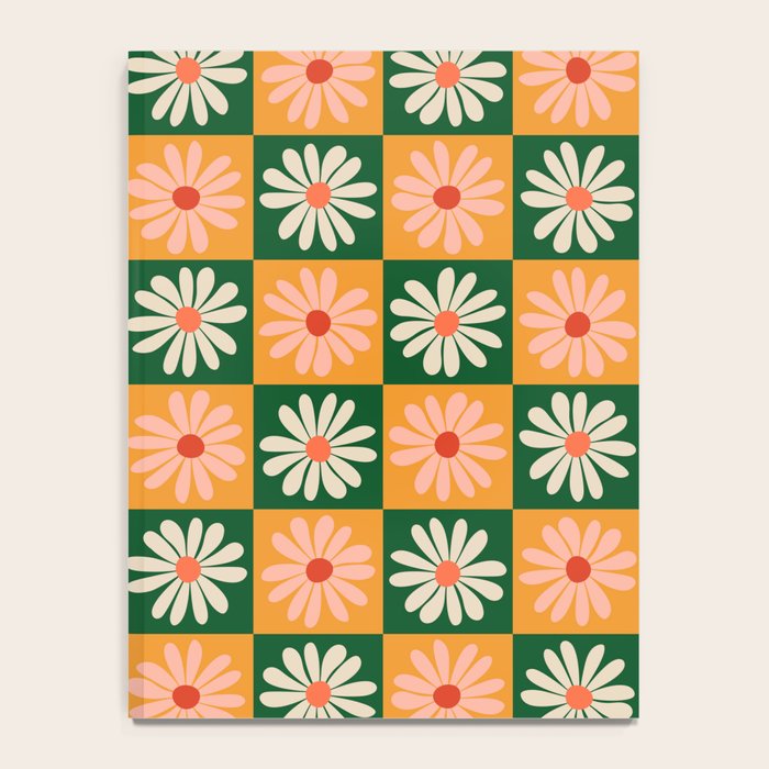 Retro Colorful Daisy Flower Checkerboard - Peach + Green Notebook Gallery Image 4