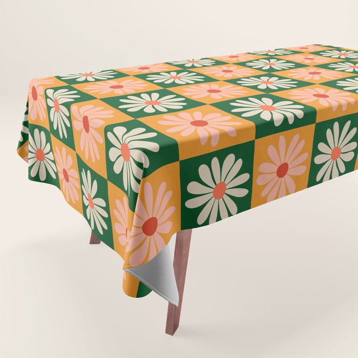Retro Colorful Daisy Flower Checkerboard - Peach + Green Tablecloth Gallery Image 1