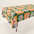 Retro Colorful Daisy Flower Checkerboard - Peach + Green Tablecloth Gallery Image 1