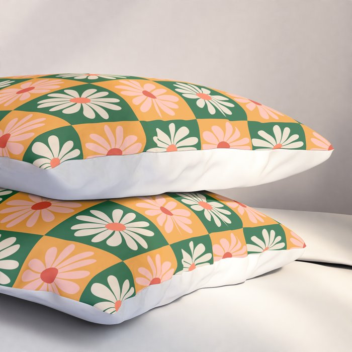 Retro Colorful Daisy Flower Checkerboard - Peach + Green Pillow Sham Gallery Image 3