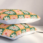 Retro Colorful Daisy Flower Checkerboard - Peach + Green Pillow Sham Gallery Image 3