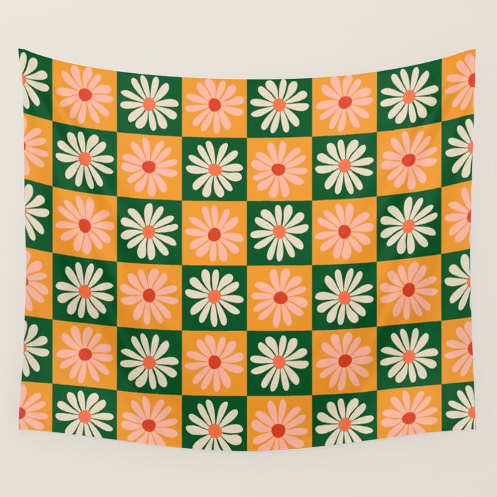 Retro Colorful Daisy Flower Checkerboard - Peach + Green Wall Tapestry Gallery Image 4