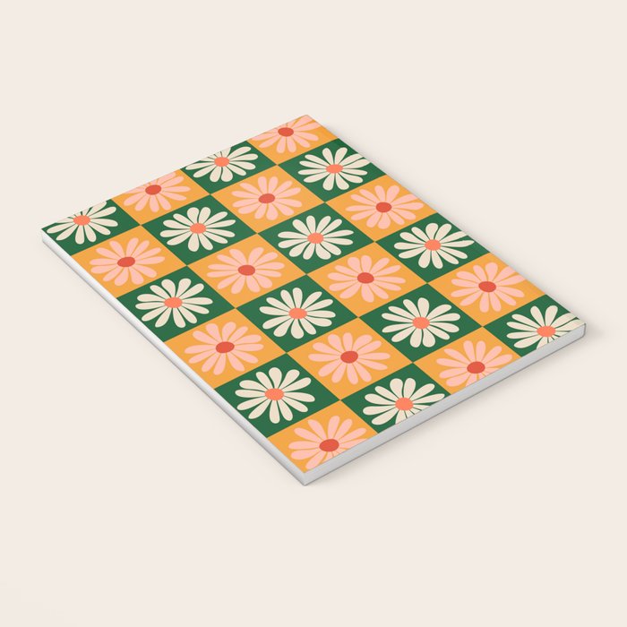 Retro Colorful Daisy Flower Checkerboard - Peach + Green Notebook Gallery Image 3