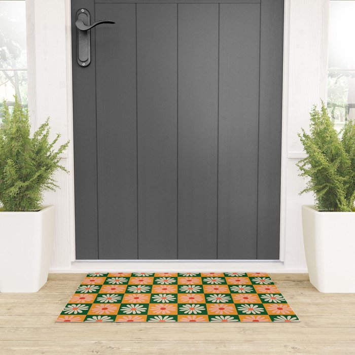 Retro Colorful Daisy Flower Checkerboard - Peach + Green Welcome Mat Gallery Image 3