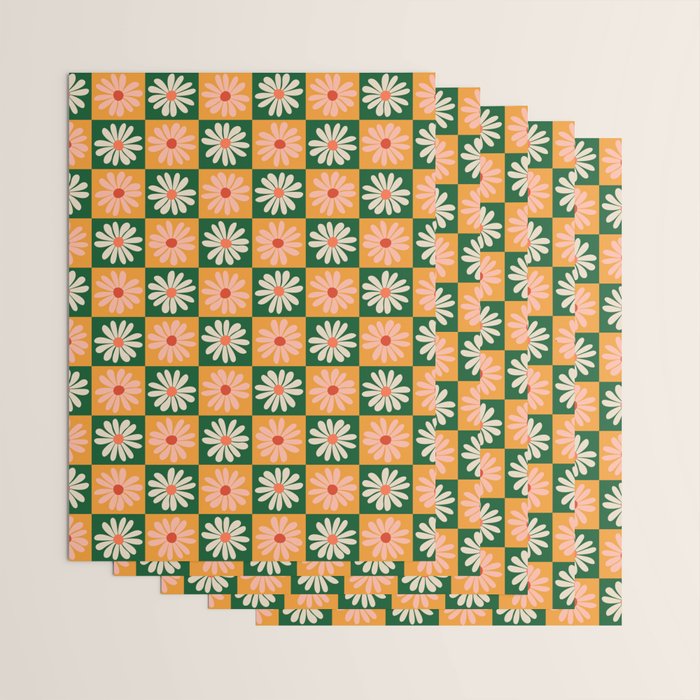 Retro Colorful Daisy Flower Checkerboard - Peach + Green Wrapping Paper Gallery Image 3