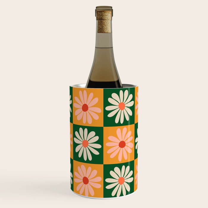 Retro Colorful Daisy Flower Checkerboard - Peach + Green Wine Chiller Gallery Image 1