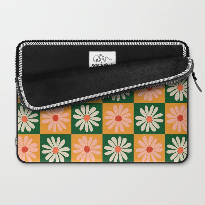Retro Colorful Daisy Flower Checkerboard - Peach + Green Laptop Sleeve Gallery Image 2