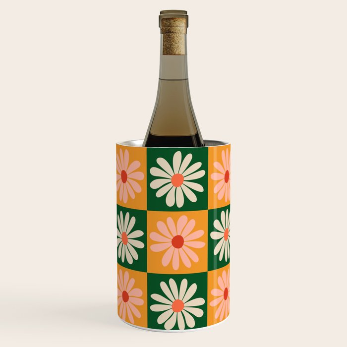 Retro Colorful Daisy Flower Checkerboard - Peach + Green Wine Chiller Gallery Image 2