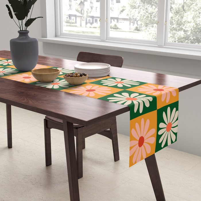 Retro Colorful Daisy Flower Checkerboard - Peach + Green Table Runner Gallery Image 2