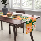 Retro Colorful Daisy Flower Checkerboard - Peach + Green Table Runner Gallery Image 2