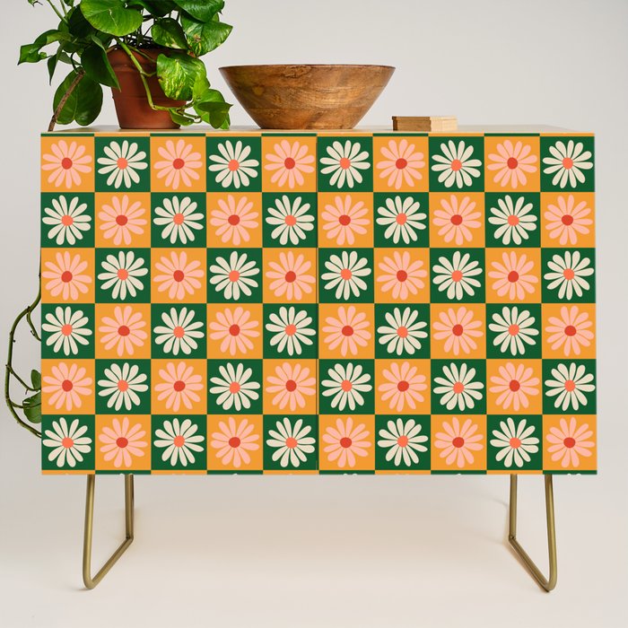 Retro Colorful Daisy Flower Checkerboard - Peach + Green Credenza Gallery Image 1