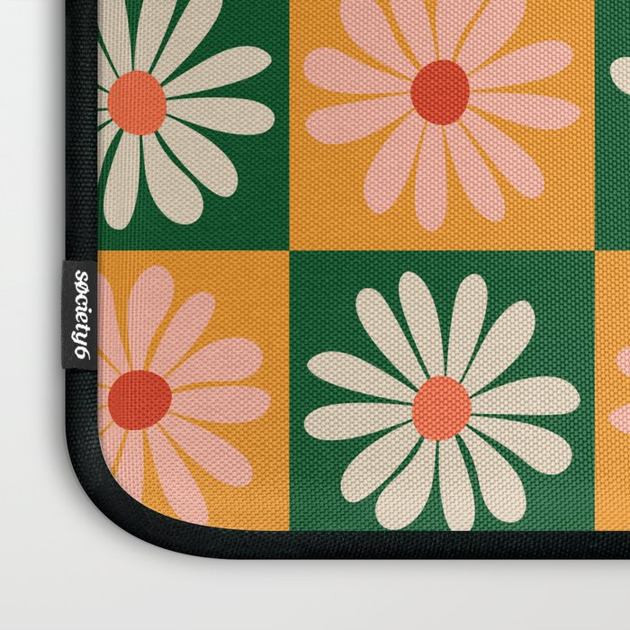 Retro Colorful Daisy Flower Checkerboard - Peach + Green Laptop Sleeve Gallery Image 3