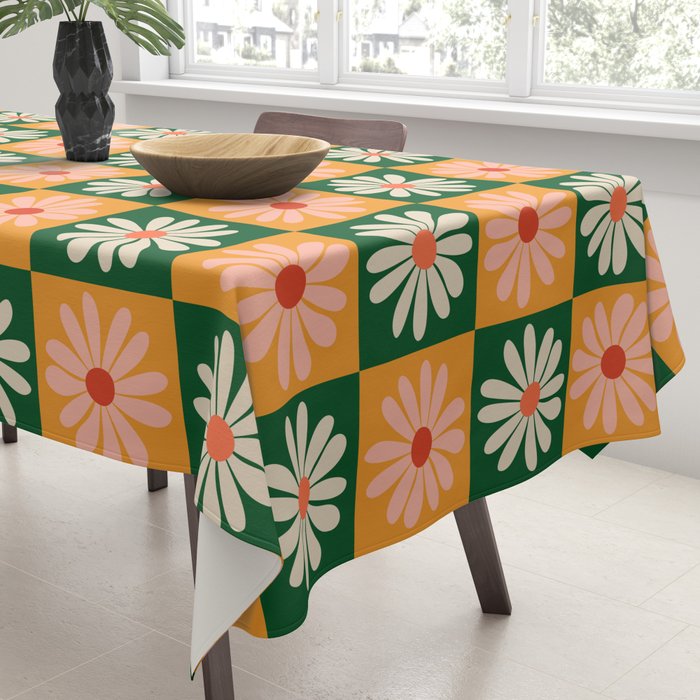 Retro Colorful Daisy Flower Checkerboard - Peach + Green Tablecloth Gallery Image 3