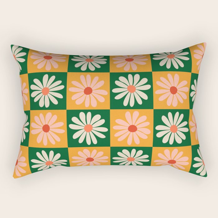 Retro Colorful Daisy Flower Checkerboard - Peach + Green Rectangular Pillow Gallery Image 2