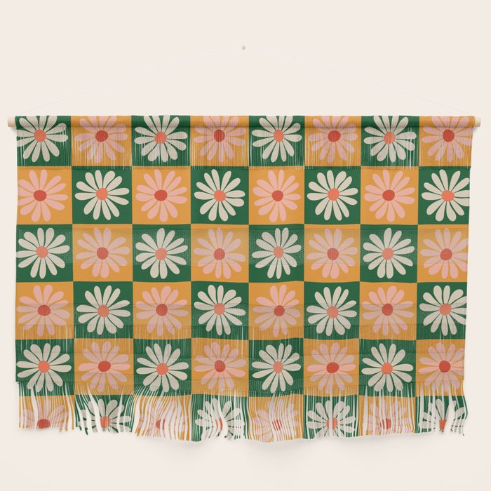 Retro Colorful Daisy Flower Checkerboard - Peach + Green Wall Hanging Gallery Image 1