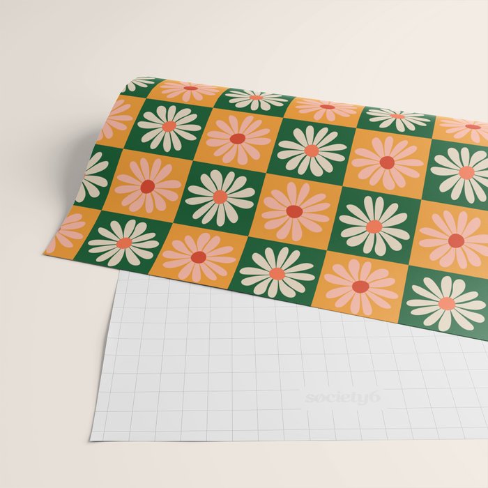 Retro Colorful Daisy Flower Checkerboard - Peach + Green Wrapping Paper Gallery Image 2