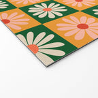 Retro Colorful Daisy Flower Checkerboard - Peach + Green Welcome Mat Gallery Image 2
