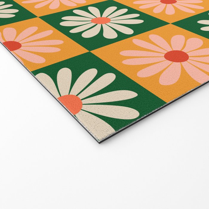 Retro Colorful Daisy Flower Checkerboard - Peach + Green Welcome Mat Gallery Image 2