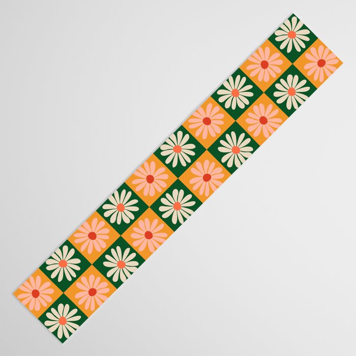 Retro Colorful Daisy Flower Checkerboard - Peach + Green Table Runner Gallery Image 3