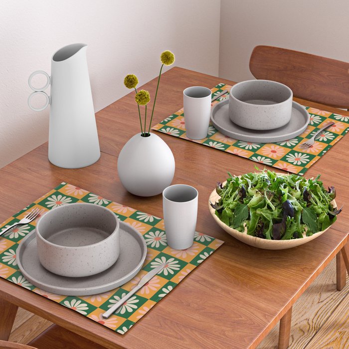 Retro Colorful Daisy Flower Checkerboard - Peach + Green Placemat Gallery Image 2