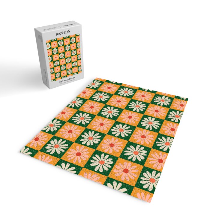 Retro Colorful Daisy Flower Checkerboard - Peach + Green Jigsaw Puzzle Gallery Image 2