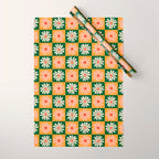 Retro Colorful Daisy Flower Checkerboard - Peach + Green Wrapping Paper Gallery Image 1