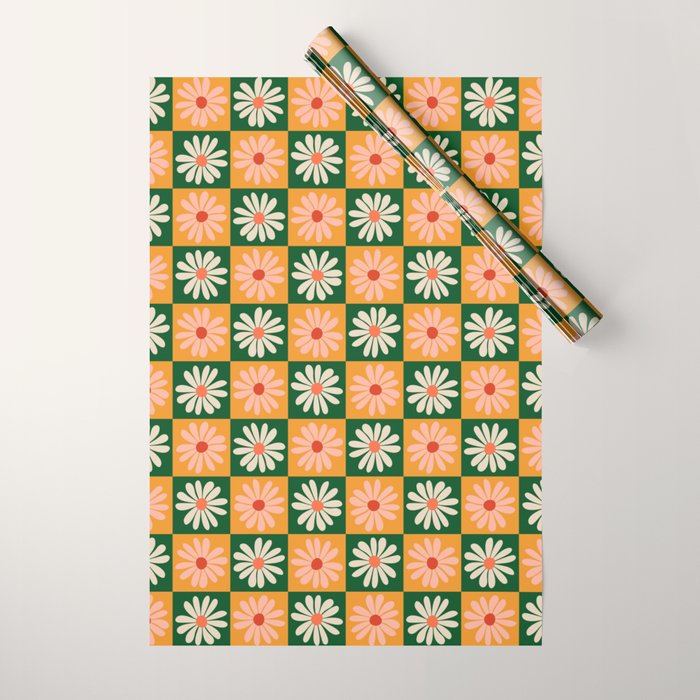 Retro Colorful Daisy Flower Checkerboard - Peach + Green Wrapping Paper Gallery Image 1