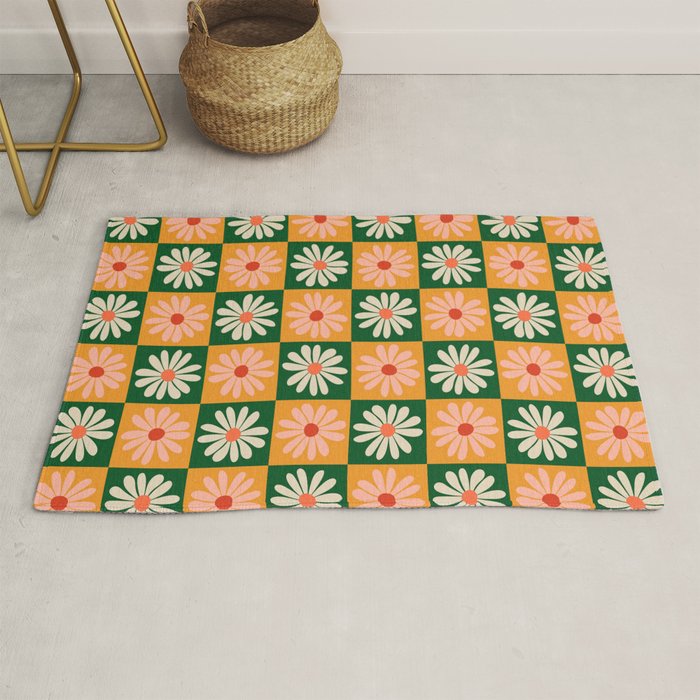 Retro Colorful Daisy Flower Checkerboard - Peach + Green Rug Gallery Image 1