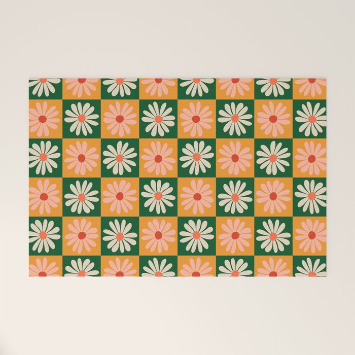 Retro Colorful Daisy Flower Checkerboard - Peach + Green Welcome Mat Gallery Image 1