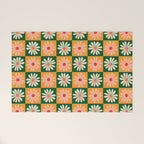 Retro Colorful Daisy Flower Checkerboard - Peach + Green Welcome Mat Gallery Image 1