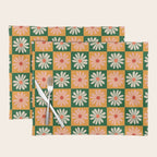 Retro Colorful Daisy Flower Checkerboard - Peach + Green Placemat Gallery Image 1