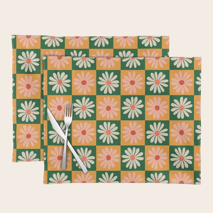 Retro Colorful Daisy Flower Checkerboard - Peach + Green Placemat Gallery Image 1