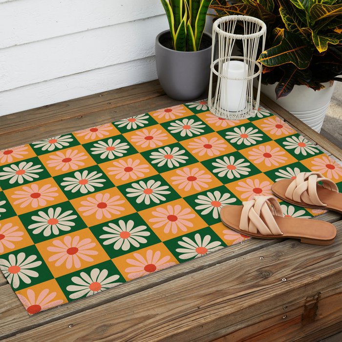 Retro Colorful Daisy Flower Checkerboard - Peach + Green Outdoor Rug Gallery Image 2