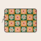 Retro Colorful Daisy Flower Checkerboard - Peach + Green Laptop Sleeve Gallery Image 1
