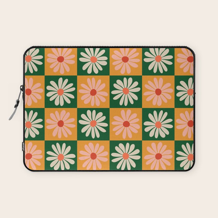 Retro Colorful Daisy Flower Checkerboard - Peach + Green Laptop Sleeve Gallery Image 1