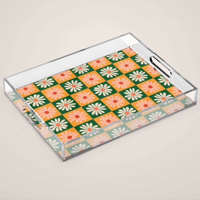 Retro Colorful Daisy Flower Checkerboard - Peach + Green Acrylic Tray Gallery Image 1