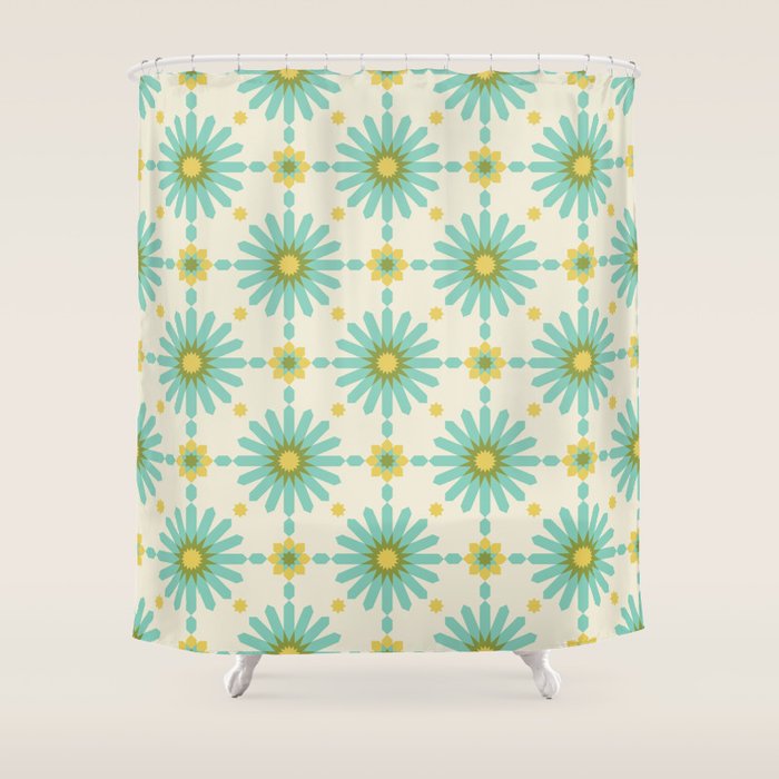 Geometric Starbursts - Blue + Yellow Shower Curtain Gallery Image 1